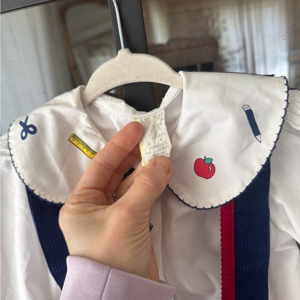Vintage 1994 apples overalls dress set long sleeve top bow school collar toddler - Picture 10 of 10